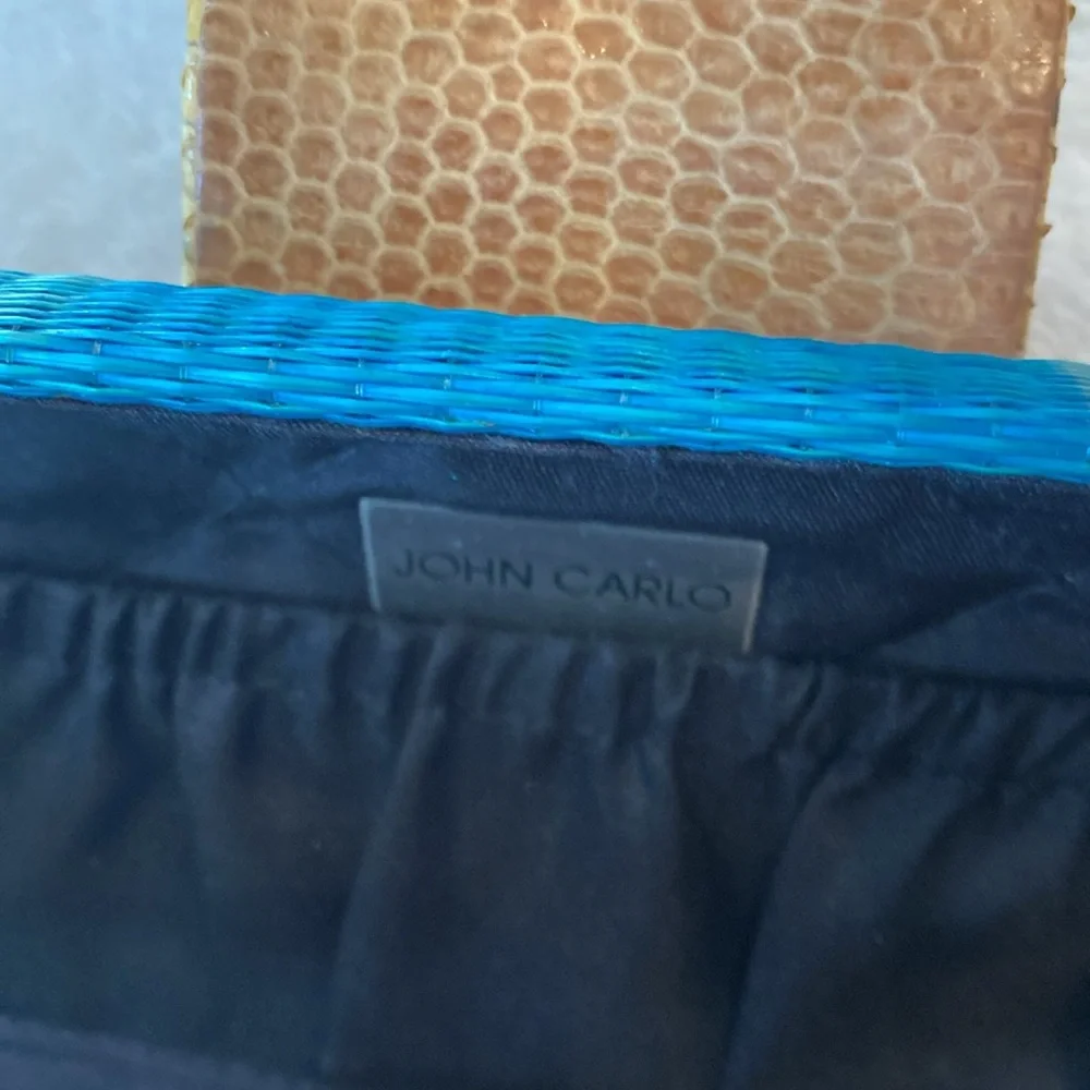 John Carlo Creations snakeskin and ombré turquoise to yellow raffia clutch